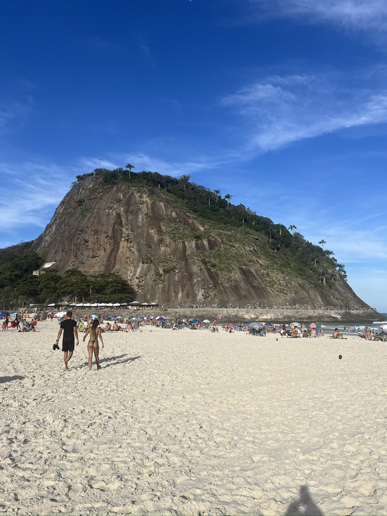 Beach curving beneath a green rock outcrop along the coastline