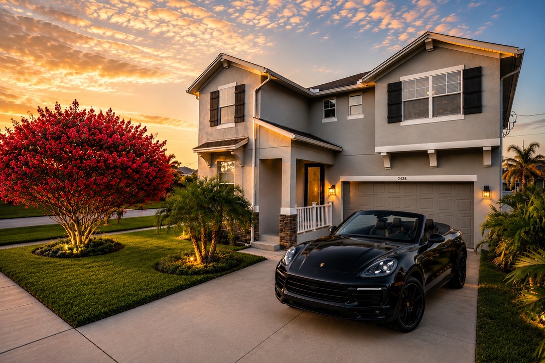 Front exterior at sunset with black Porsche convertible