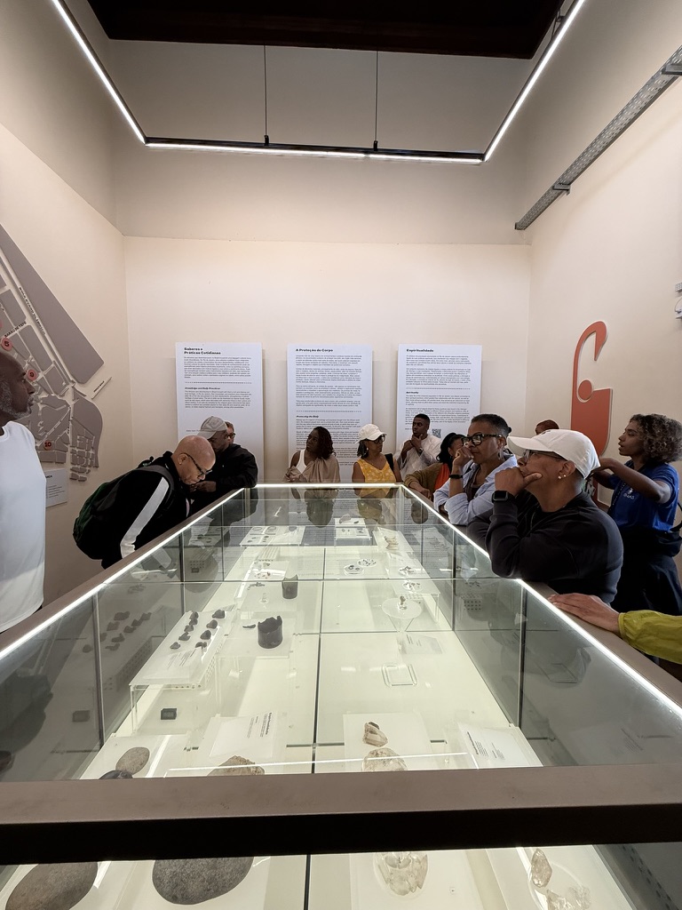 Travelers looking closely at archaeological finds in a display case